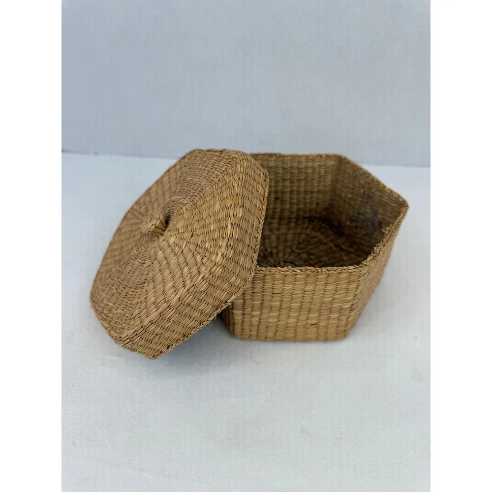 Vintage Cottage Hexagon‎ Woven Seagrass Basket w/Lid Boho Storage Decorative Box